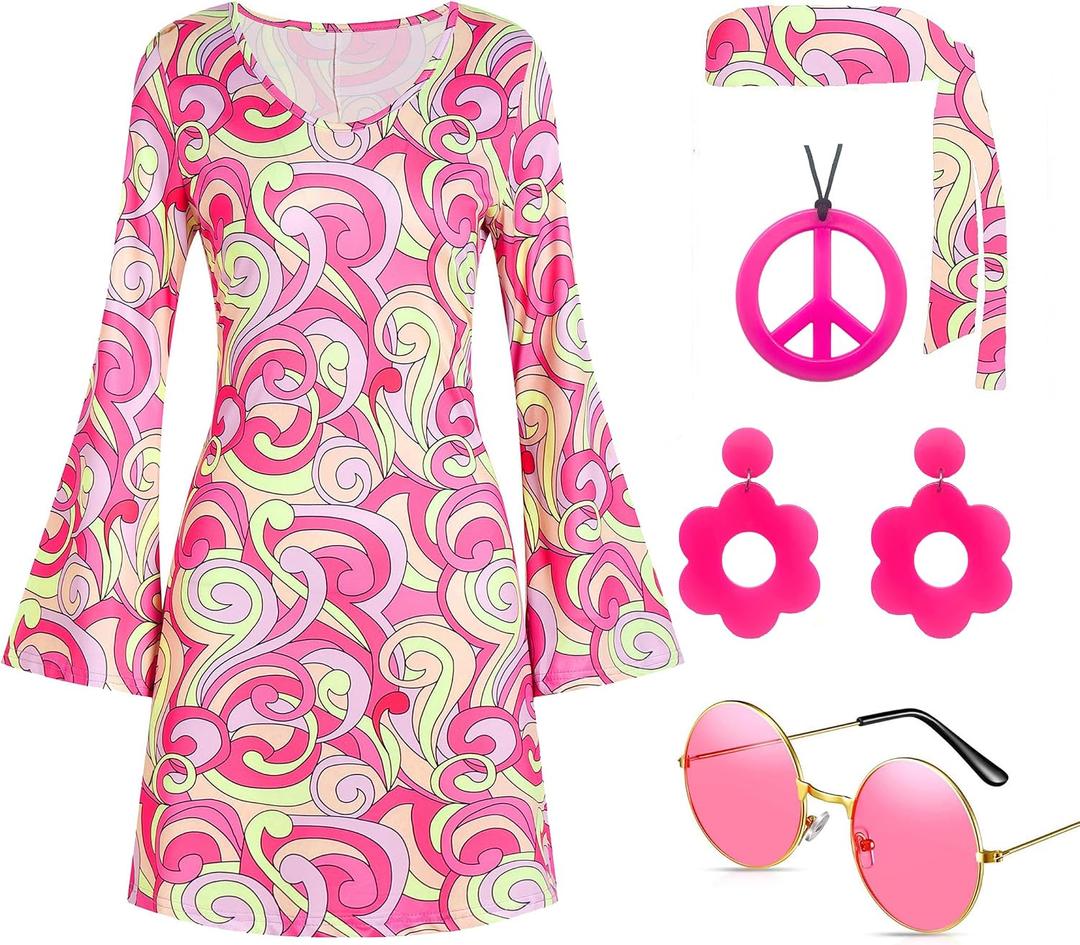 Deerjoke 60s 70s Disco Outfit Hippie Costume Women, 1970 Style Clothes Dress Peace Sign Accessories Jewelry Halloween (Pink, Medium)
