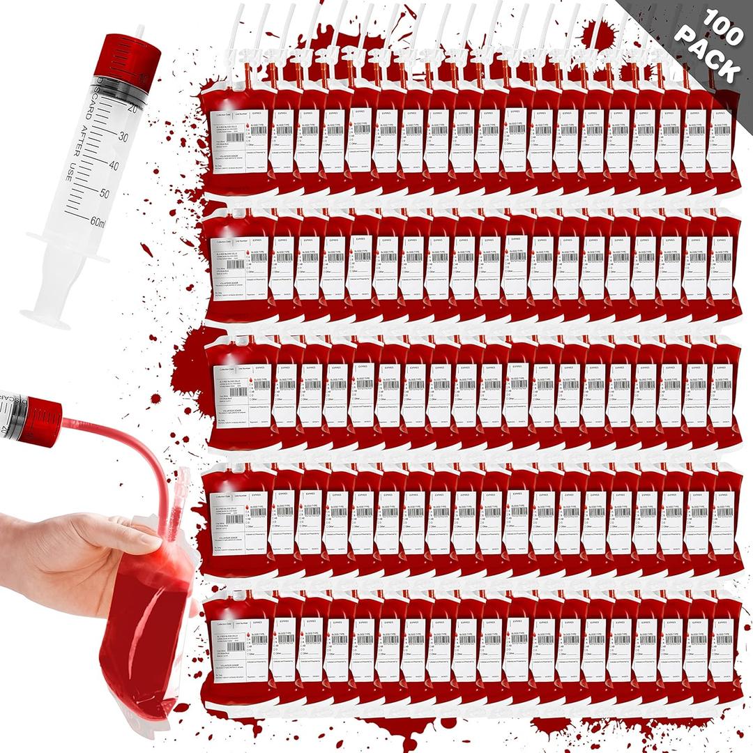 Garma 100 Pack Halloween Blood Bags for Drink, Reusable Drink Cups Containers with Syringe and Clips Pouch Prop for Vampire Zombie Hospital Theme Party Supplies