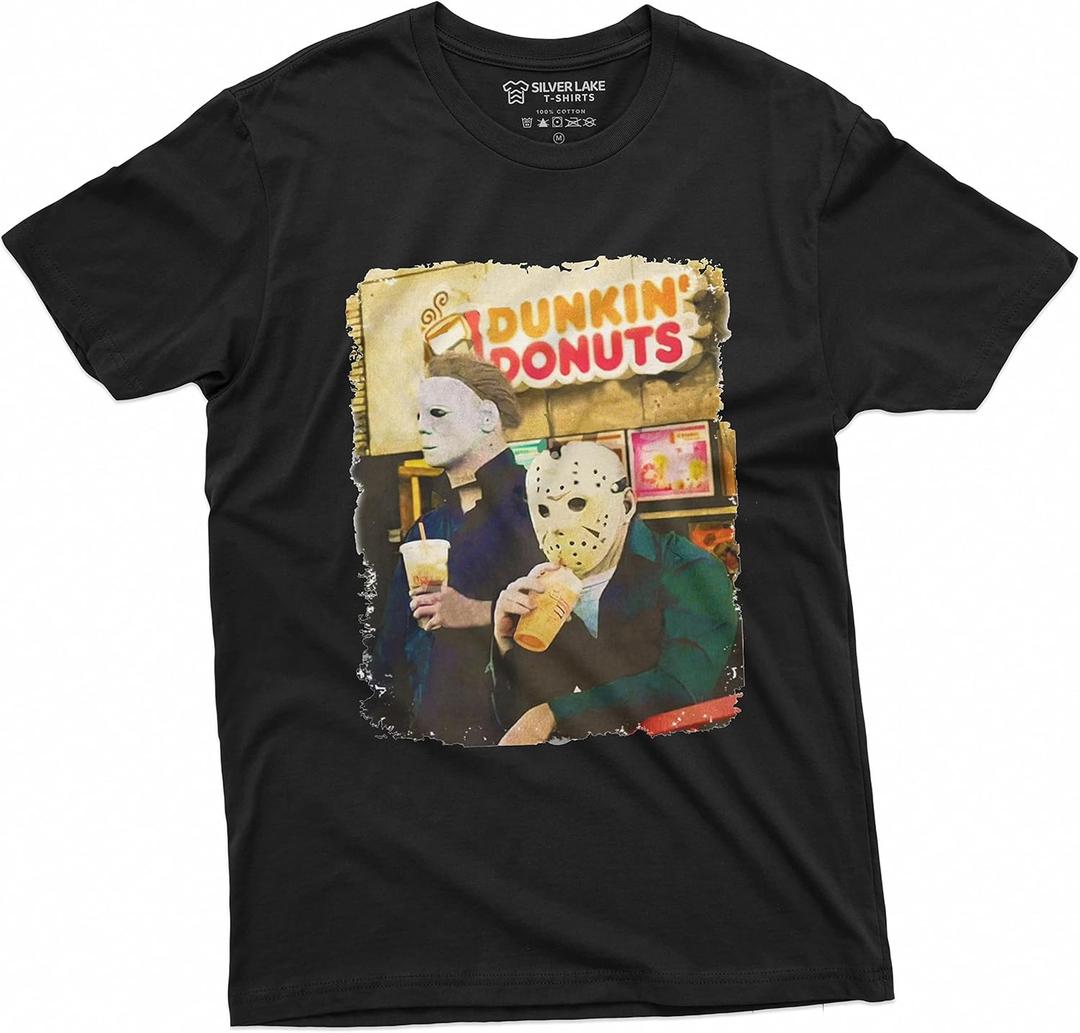 Halloween Movie Inspired T-Shirt Michael Myers Drinking Coffee Funny Humorous Tee for Him (Black)