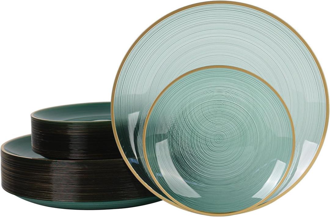 80pcs Disposable Clear Green Plastic Plates With Gold Rim, Include 40-7 inch Dessert Plate and 40-10 inch Dinner-Plates for Party, Wedding and Birthday