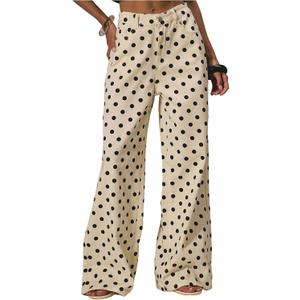 WDIRARA Women's Polka Dots Jeans Vintage Mid Rise Wide Leg Denim Pants with Pockets Beige 27