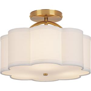 CALOKES Semi Flush Mount Ceiling Light, 11.8" Modern 3-Light Fixture with Petal-Shaped Cream White Fabric Shade and Golden Support Arm, Ideal for Bedroom, Kitchen, Living Room, Hallway, and Entryway