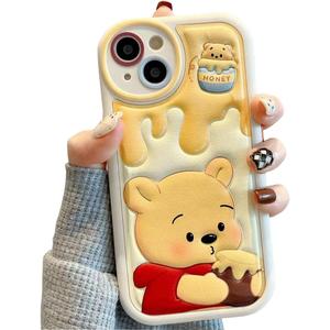Compatible for iPhone 15 Plus Cartoon Case, Kawaii Cute Bear Case Silicone 3D Cover Strap Soft TPU Shockproof Protective for Kids Girls and Womens