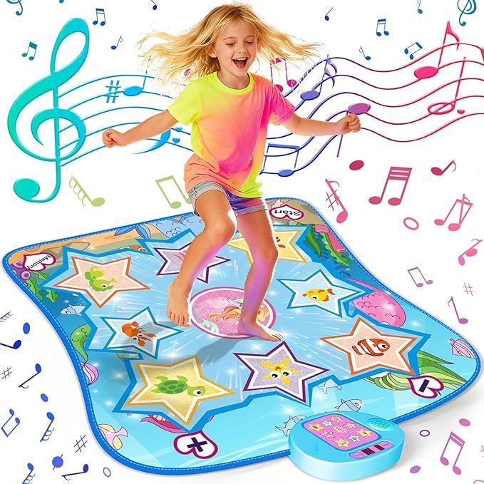 Dance Mat, Ocean-Themed Dance Game Toy Pad with LED Lights, Gift for Kids Girls 3-12, Adjustable Volume, Built-in Music, 5 Challenge Levels, Non-Slip & Foldable Rhythm Step Play Mat