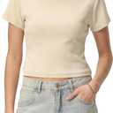Wyeysyt Crop Tops for Women Mock Neck Ribbed Fitted T Shirts Short Sleeve Basic Tee Shirt (Beige, S)