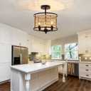 3 Light Rattan Ceiling Light Fixture 11inch Boho Semi Flush Mount Ceiling Light Black Hand-Woven Cage Wicker Chandelier for Farmhouse Bedroom Hallway Entryway Kitchen