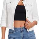 Women's Jean Jacket Cropped Denim Jacket Stretchy 3/4 Puff Sleeve Distressed with Pockets, L