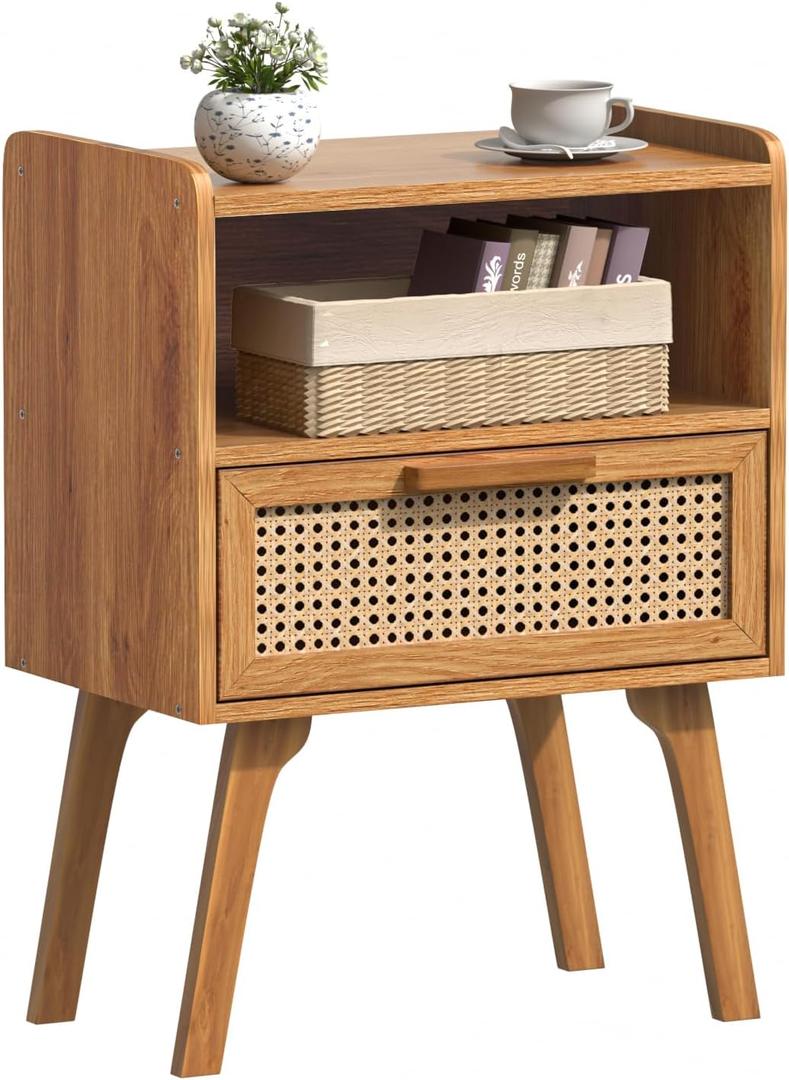 Lerliuo Rattan Nightstand, Side Table with Drawer Open Shelf, Cane Accent Bedside End Table with Solid Wood Legs, Mid Century Modern Night Stand for Bedroom, Dorm and Small Spaces (Tea Brown) (1 pack)