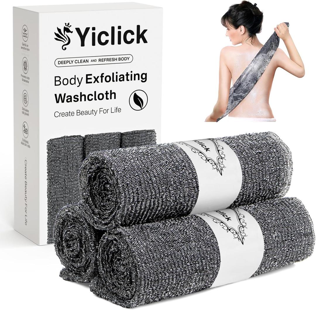 Yiclick 3 Pack Exfoliating Washcloth Towels - Exfoliating Body Scrubber Exfoliator, Back Scrubber for Shower Bath Use, Japanese & Korean Scrub Wash Cloths, Loofah Lufa Sponge Washer for Women Men (Black)