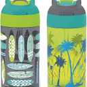 Zak Designs 16oz Riverside Beach Life Kids Water Bottle with Straw and Built in Carrying Loop Made of Durable Plastic, Leak-Proof Design for Travel, 2PK Set (Multicolor)