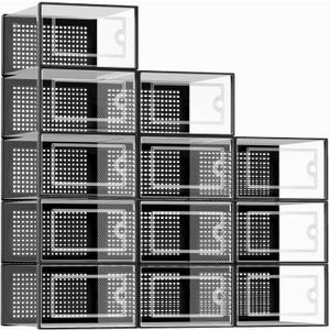 Kuject Large Shoe Organizers Storage Boxes for Closet, 12 Pack Clear Plastic Stackable Storage Bins with Lids, Under Bed Shoe Containers for Entryway, Drop Front, Fit up to Women's Size 10, Black