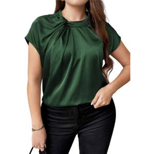 ZAFUL Women's Plus Size Satin Shirt Short Batwing Sleeve Solid Blouse Twist Knot Casual Loose Tops (XXXL)