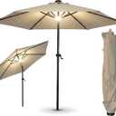 9ft Solar Powered Outdoor Patio Umbrella with LED Lights 180G Polyester Canopy 38mm Iron Pole & 12*18mm Iron Ribs, 360 Tilt Adjustable, USB Charging Port, for Garden Backyard Deck Poolside (khaki)