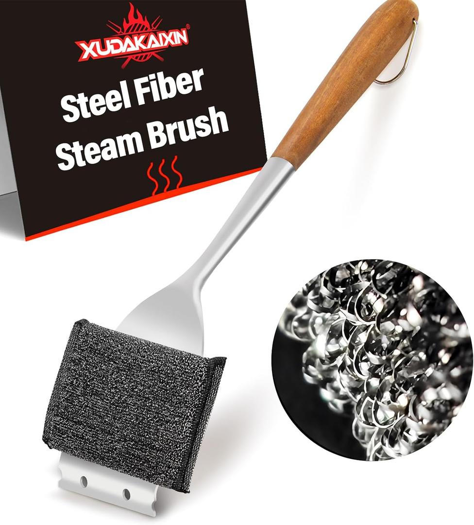 18 Steam Grill Brush Bristle Free,with Extended Luxurious Acacia Wood Handle,Safe Grill Cleaner for Outdoor Grill,Replaceable Head Grill Scraper Tool,BBQ Accessories,Gifts for Men/Dad