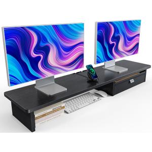 HUANUO Large Dual Monitor Stand with Drawer, Wood Monitor Stand Riser for 2 Monitors with Storage & Cable Management, Desktop Organizer up to 55" fit Monitor, Computer, TV, Printer