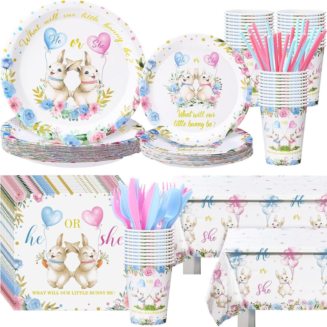 Yungyan 231 Pcs Easter Bunny Gender Reveal Party Supplies, Serve 25, Easter Baby Shower Tableware Paper Plates Tablecloth Cups Napkins Straws and Napkins for Birthday Tableware Table Party Favors
