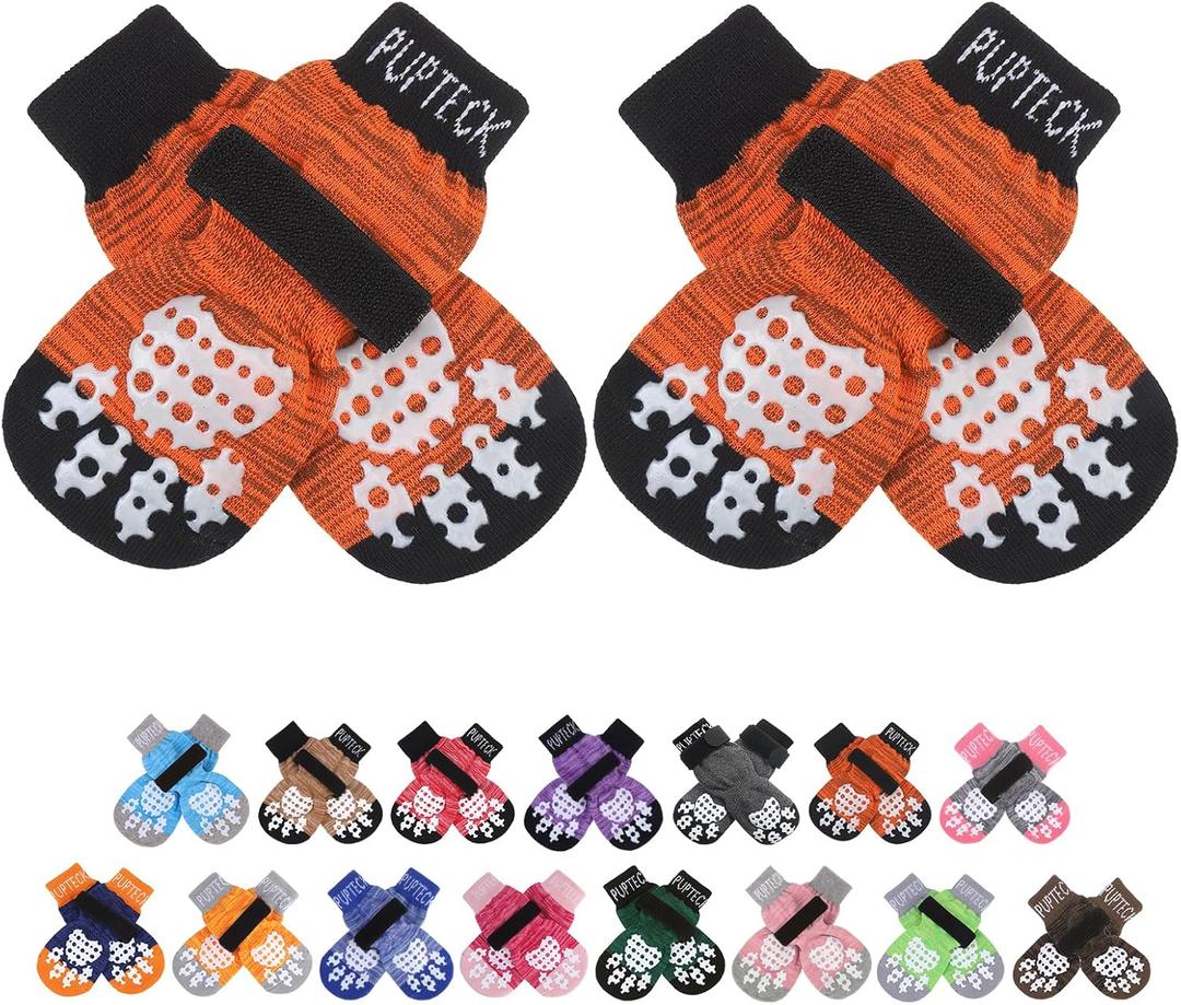 PUPTECK Anti-Slip Dog Socks with Double Sides Grips for Small Medium Large Dogs Hardwood Floors Prevents Licking, Dog Shoes for Hot Pavement Traction Control Paw Protector for Senior Dogs (X-Large (4 Count), Orange)