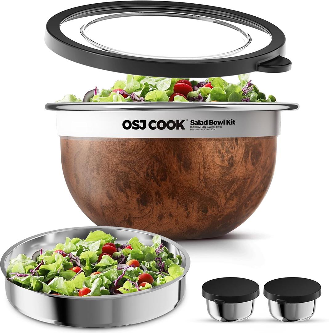 18/8 Stainless Steel Salad Bowl Kit - 74oz, Mixing Bowls with Lids Set, Teakwood - Comes with 1.7oz Condiment Container and Removable Tray for Organization - Leak-Proof, Dishwasher Safe (Wood)