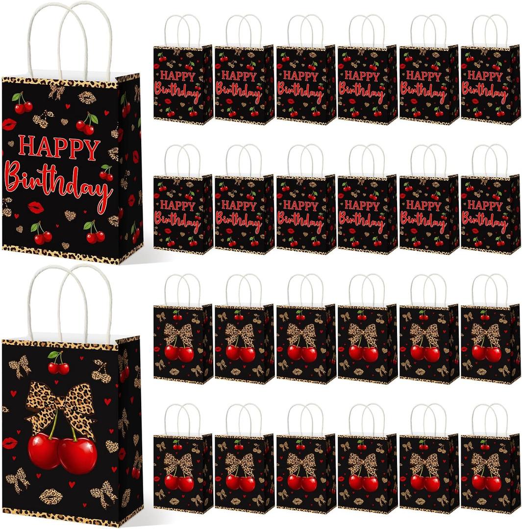 Geyoga 24 Pcs Cheetah Cherry Gift Bags Leopard Print Party Favors Cherry Bow Candy Goodie Bags with Handles Red and Black Cheetah Print Pattern Treat Party Supplies for Women Animal Birthday Decor