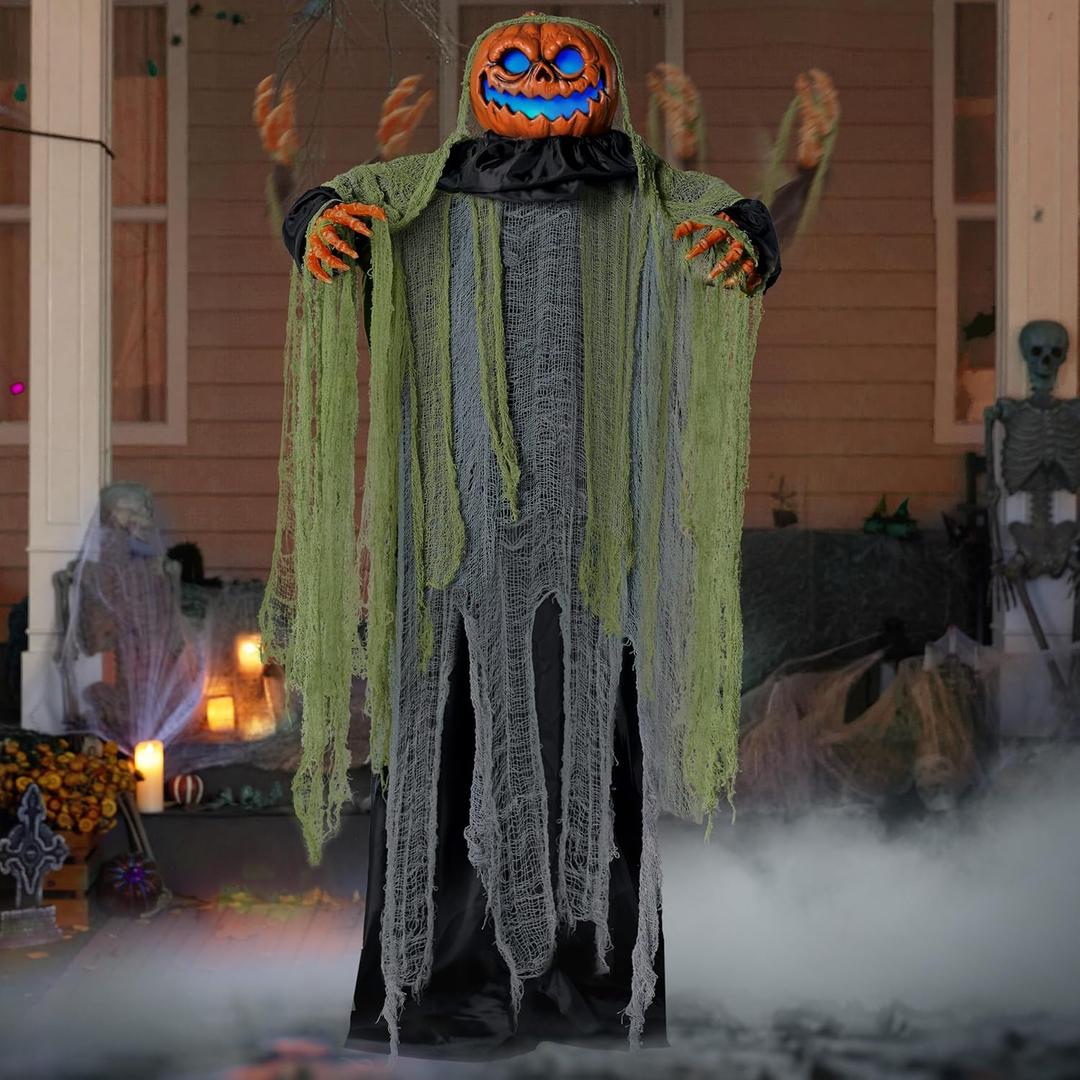 JOYIN 72" Halloween Decorations Outdoor Life Size Animatronics Ghost Pumpkin Decor, Sound-Actived Haunted House Props with Creepy Sound for Garden Yard Lawn