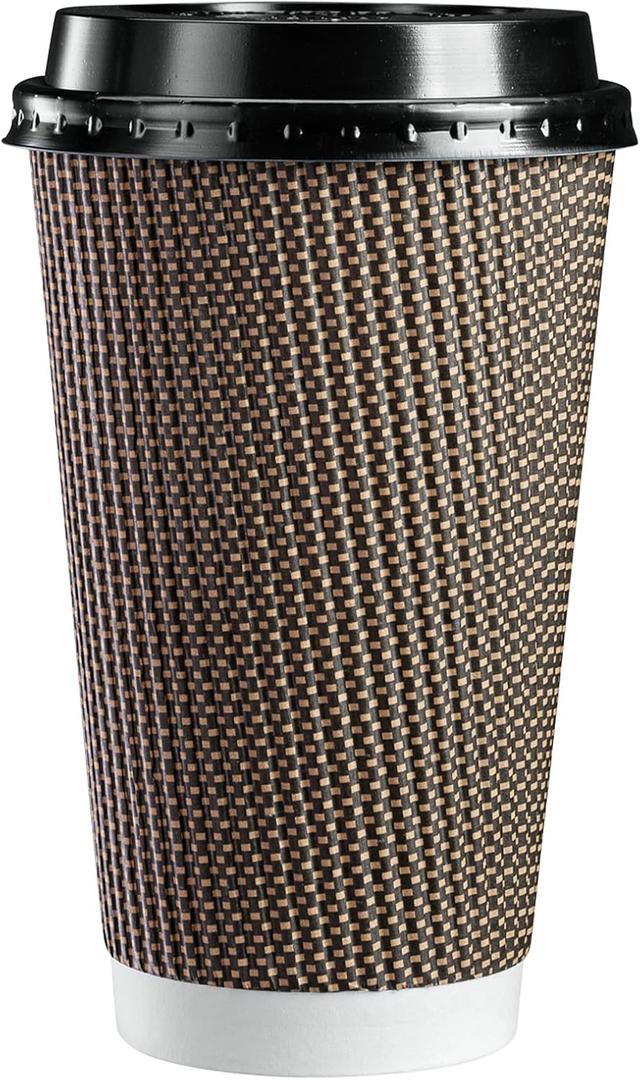 GUSTO [16 oz. - 50 Sets Insulated Brown Patterned Ripple Paper Hot Coffee Cups With Lids - Ideal for Hot Beverages, Travel, and Office Use - (Formerly Comfy Package)