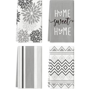 Artoid Mode Grey Home Sweet Home Stripes Boho Spring Kitchen Towels Dish Towels, 18x26 Inch Farmhouse Summer Decoration Hand Towels Set of 4
