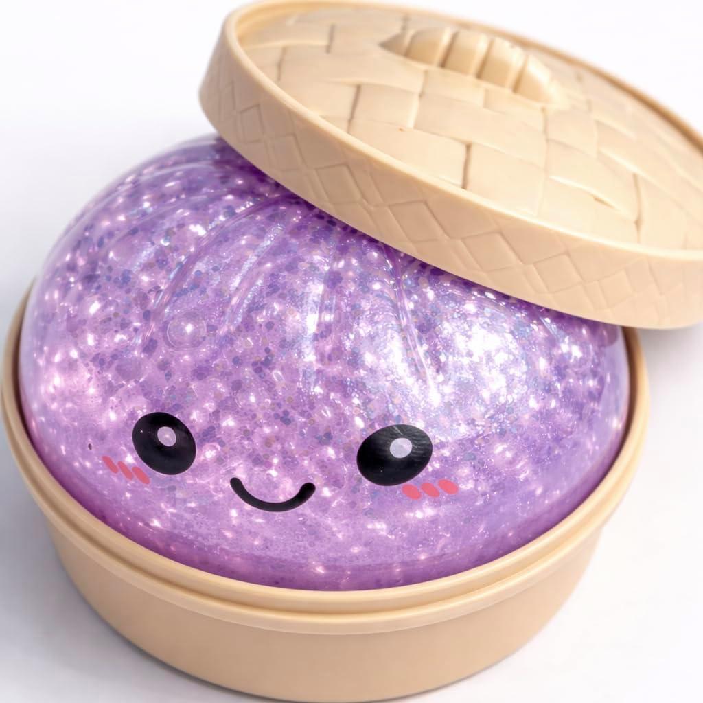 Glitter Dumpling Squishy Soft TPR Squeeze Toy, Slow Rising Stress Relief Fidget, Cute Bao Bun Desk Decor, Handheld Relaxation Toy for Office Home Adults (Purple (Beads))