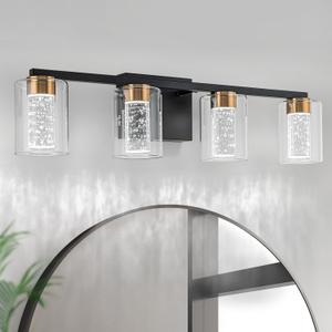SineRise 4-Light Black and Gold Vanity Light with 3 Color Modes (3000K/4000K/6000K), Eye Protection LED Bathroom Light Fixture, Dimmable Modern Wall Light Over Mirror with Clear Glass Shade