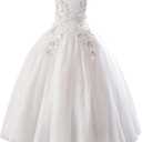 IDOPIP Flower Girl Sequin Lace Dress for Kids Wedding Bridesmaid Pageant Party Formal Long Maxi Gown Big Little Princess First Communion Birthday Prom Shiny Bow Puffy Tulle Dresses White, 13-14 Years