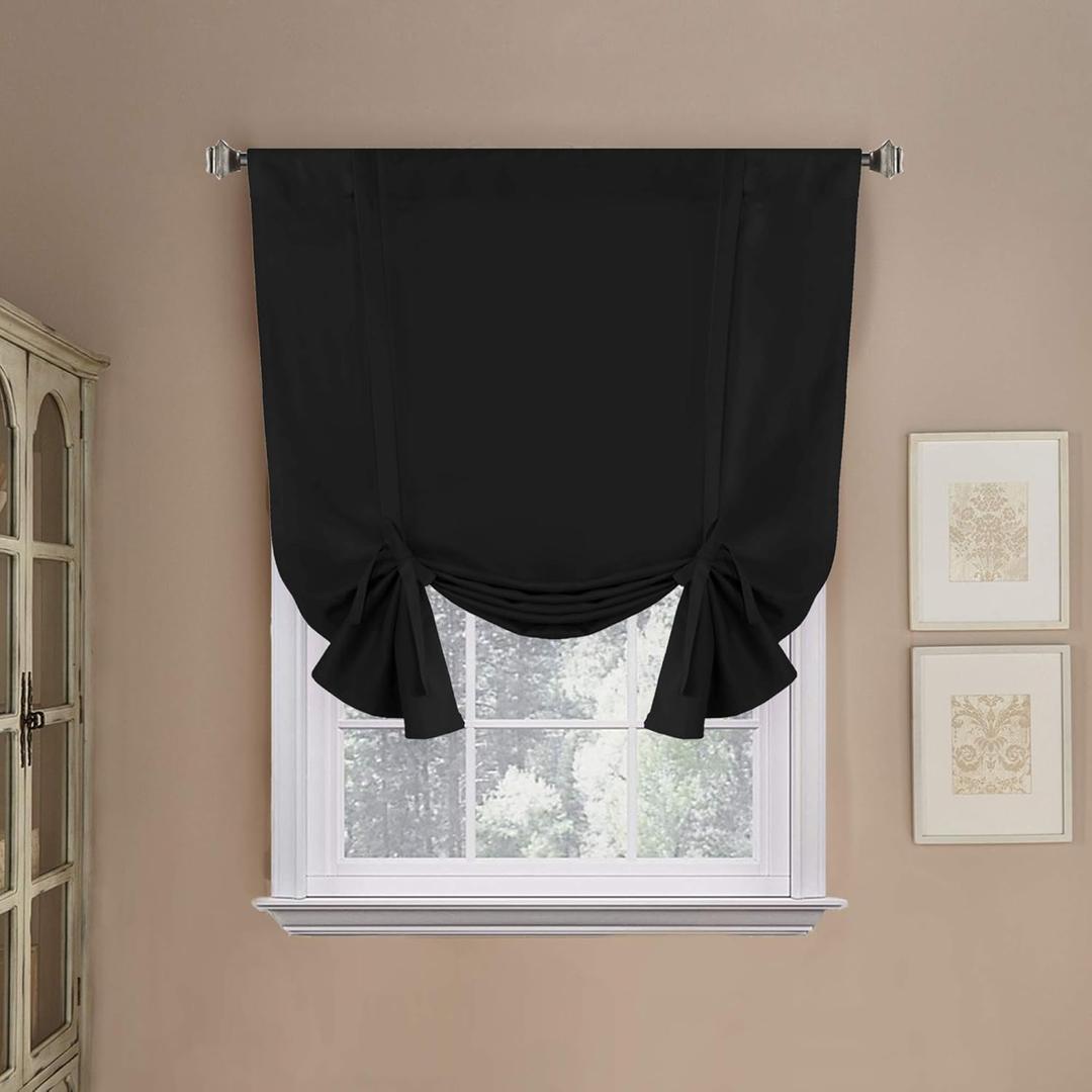 H.VERSAILTEX Blackout Curtain for Bathroom Windows Adjustable Tie Up Shade/Blackout Curtain with Rod Pocket Top (Solid in Jet Black, 42 inches W x 63 inches L, Set of 1)