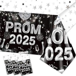 HOWAF 3pcs Prom 2025 Tablecloth, Prom Table Cover for High School Graduation Party Decoration, Prom Party Decoration Plastic Tablecloth Black and Silver HOWAF 3pcs Prom 2025 Tablecloth, Prom Table Cover for High School Graduation Party Decoration, Prom Party Decoration Plastic Tablecloth Black and Silver