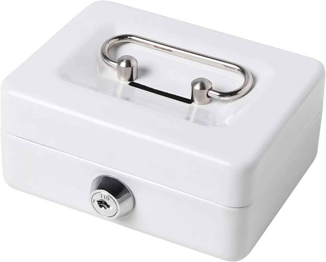 Decaller Mini Cash Box with Lock and Slot, Metal Coin Bank Piggy Bank for Adults & Kids, 4.9" x 3.7" x 2.3", White
