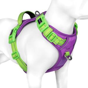 PHOEPET No Pull Dog Harness, Unique Colors Reflective Adjustable Dog Vest, with Soft Training Handle Metal Clips for Small Medium Large Dogs (Purple Base & Green Straps, L)