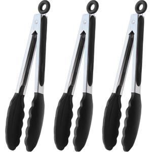 Serving Tongs 9-Inch Cooking Tongs with Silicone Tips, Set of 3 (Black)