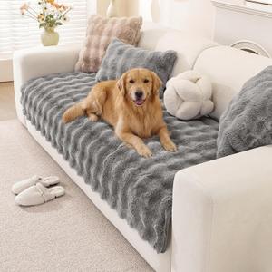OstepDecor Faux Fur Couch Cover, Soft Plush Couch Covers for Sofa, Fuzzy Cozy Bubble Sofa Covers Washable, Pet Friendly Couch Protectors for Dogs, Dog Mat for Couches and Sofas (35.4" x 70.9", Grey)