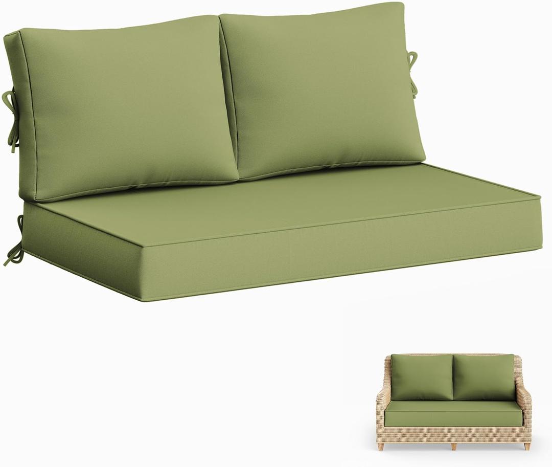 Outdoor Loveseat Cushion Set 46x26x5 Inch Waterproof Weather & Fade Resistant Furniture Cushions, Removable Deep Seat Cushions with Zipper & Non-Slip Straps for Patio, Sofa, Garden Chair, Light Green