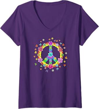 Womens Peace Sign, Flower Power, Hippie, Symbol, Freedom, Love V-Neck T-Shirt L