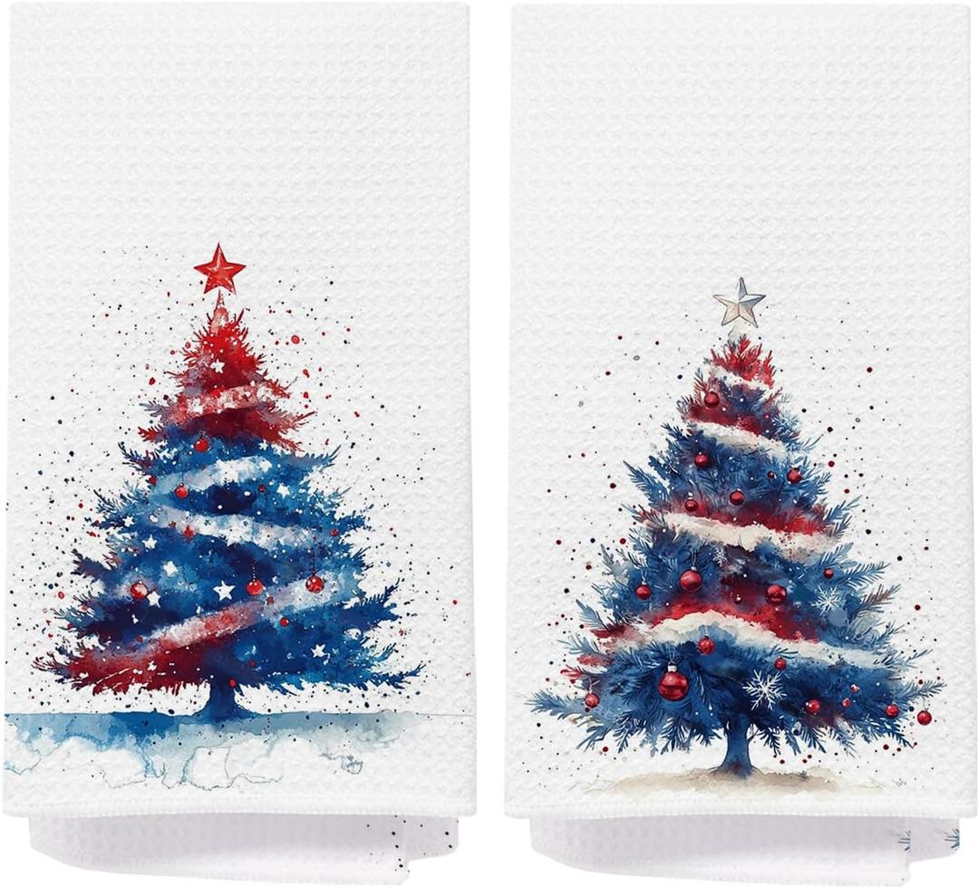 Red White and Blue Christmas Tree Kitchen Towels, USA Flag Patriotic Christmas Dish Tea Towels, 4th of July Independence Day Xmas Tree Hand Towel for Bathroom Kitchen, 16x24 Inch Set of 2
