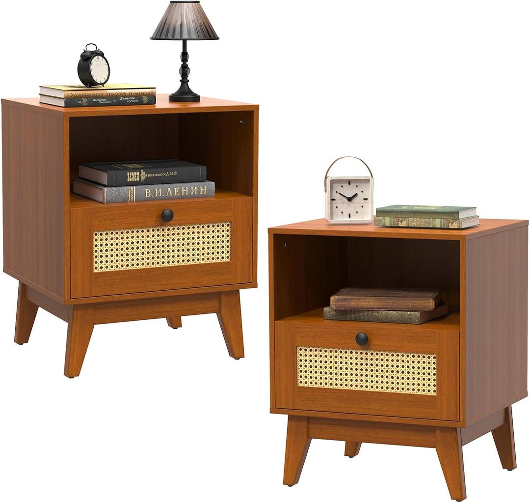 Rattan Nightstand Set of 2, Farmhouse End Table with Solid Wood Legs, Small Boho Mid Century Modern End Table with Storage for Bedroom, Living Room- Boho Style