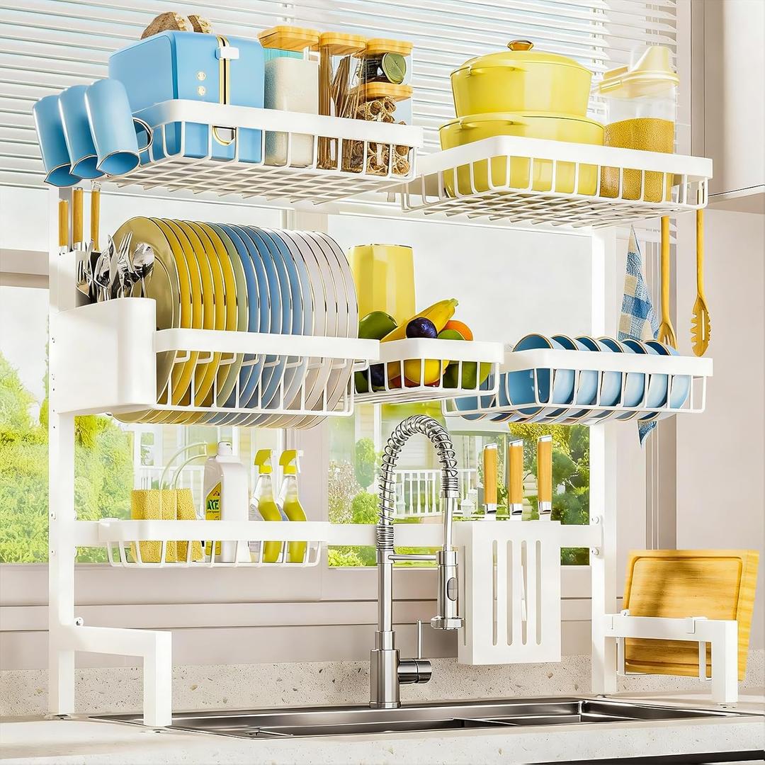 Sakugi Dish Drying Rack - Over The Sink Dish Drainer Drying Rack with Utensil & Knife Holder, Hooks, Stainless Steel Kitchen Organizers and Storage Solution, 11.8" D x 31.5"~39.0''W x 30" H, White, XX-Large