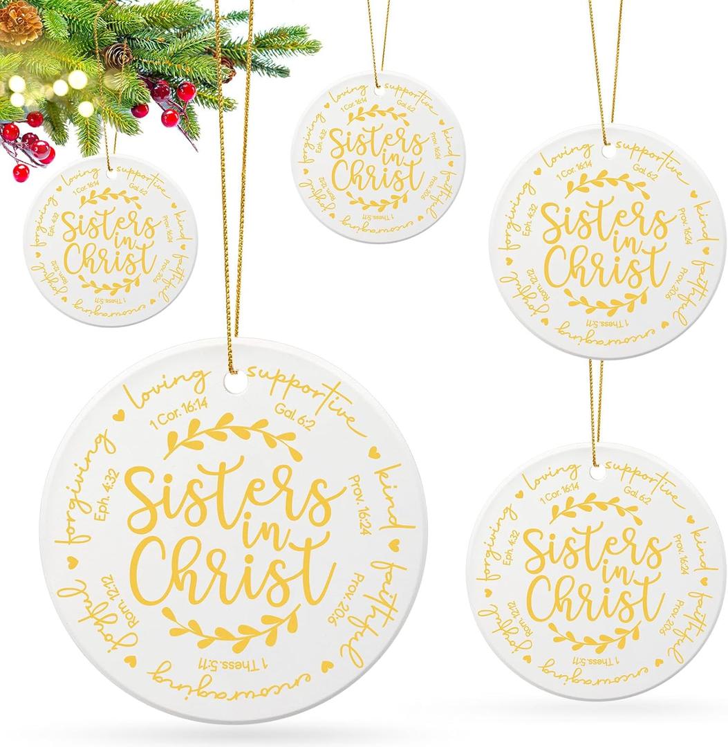 Syhood 5 Pcs Sisters in Christ Ornaments Bulk Women Christmas Christian Hanging Ornaments Bulk Round Ceramic Christmas Trees Hanging Gifts for Xmas Church Sisters Friends