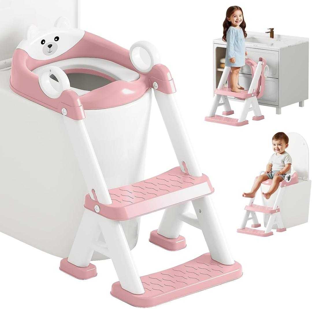 Potty Training Seat,Non Slip Foldable Toilet Training Seat with Soft Cushion, Comfortable HandlesUpgrade Toddler Toilet Seat for Kids Boys Girls,Potty Training Toilet Seat with Step Stool Ladder,Pink