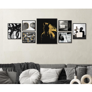 EUROPICART Living Room Abstract Wall Art Matte Black Horse Picture Print with Photo Frame Decor for Modern Home Walls,Black Frames Set of 7