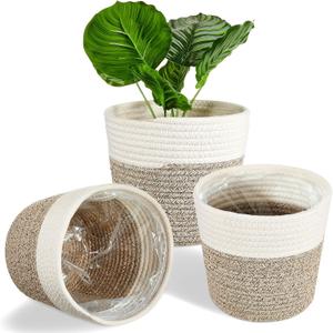 3 Pcs Cotton Rope Plant Basket with Plastic Liner Rustic Plant Basket Planters Modern Woven Decorative Pots for Home Flower Indoor Storage Decor, 7.5 x 6.5 Inches(White, Beige)