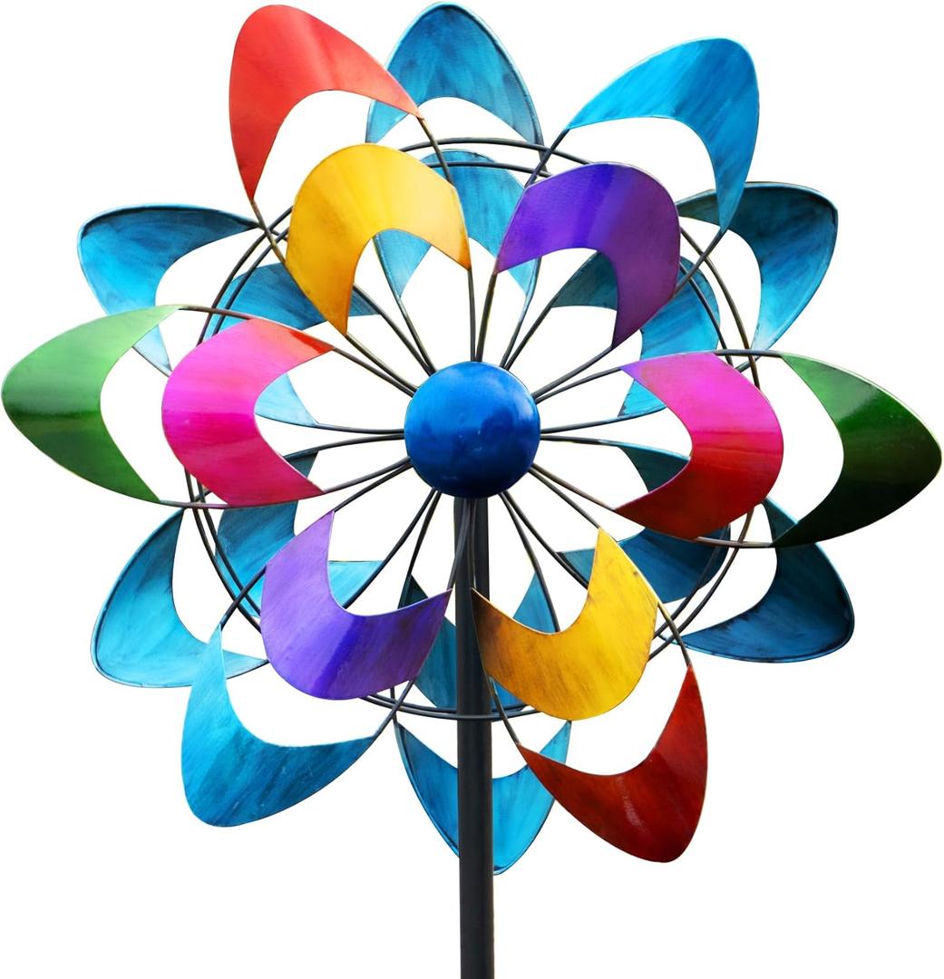 20" Dia Large Wind Spinners, Metal Kinetic Windmill Yard Art, Dual-Sided Colorful Wind Sculptures & Spinners for Outdoor Garden, Lawn Decor, Ideal Gift for Family Friend (Colorful-double Blades)