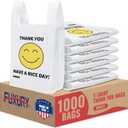 Fuxury 1000 Count Happy Smiling Face Thank You Plastic Bags (11.5 x 6.5 x 21) White, Have a Nice Day T-shirt Bags for Business, Grocery, Take Out, To Go, Retail Shopping in Bulk