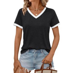 AUTOMET Womens Short Sleeve T-Shirts Summer Tops Casual Soft Tunic V Neck Basic Workout Clothes Spring Fashion Outfits 2026 (Small, Black)