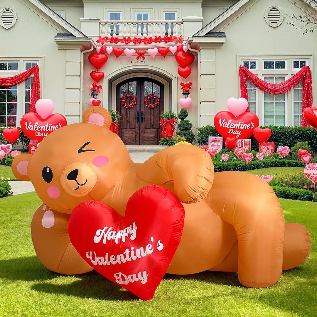AerWo 8FT Valentines Inflatables Lying Bear, LED Lighted Romantic Valentines Day Inflatables Outdoor Decorations, Valentines Day Blow Up Decorations for Roof Garden Yard Lawn