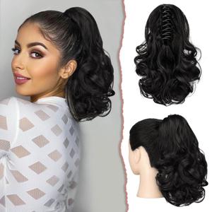 SOFEIYAN Ponytail Extension 11 inch Claw Clip Ponytail Hair Extensions Long Curly Wavy Ponytail Fluffy Clip on Pony Tails Synthetic Hairpiece for WomenNatural Black