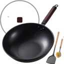 Teewe Carbon Steel Wok -13 Inch Woks & Stir-fry Pans Nonstick, Wok Pan with Glass Lid Spatula and Dish Brush: Pre-Seasoned Flat Bottom Chinese Wok for Induction, Electric, Gas, All Stoves
